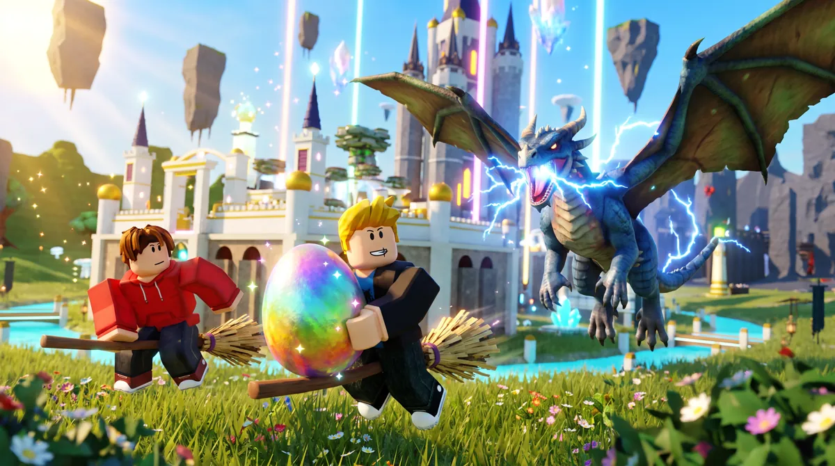 Two Roblox players on brooms escaping a blue dragon with a rainbow egg